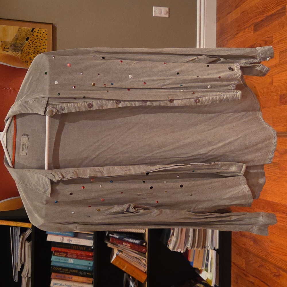 Gray Button-Up Shirt with Colorful Accents